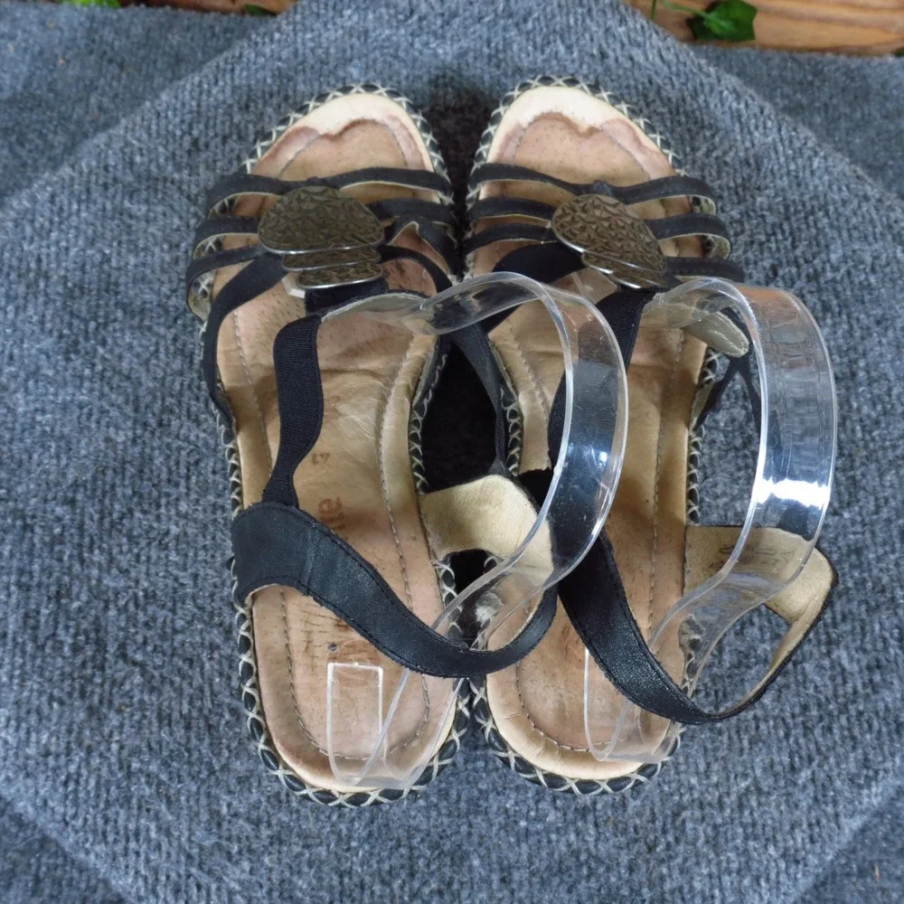 Remonte R600768 Womens Wedge Sandals Sz 41 Dressy Summer Black Leather Metallic